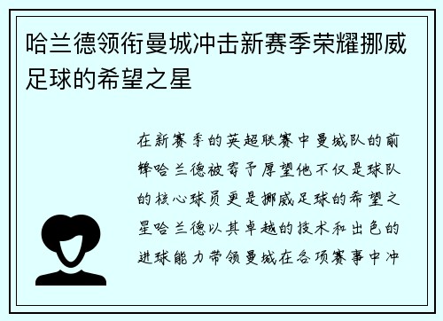 哈兰德领衔曼城冲击新赛季荣耀挪威足球的希望之星